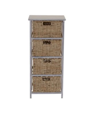 Storage Chest of 4 Drawers White Sollid Wood and Natural Wicker Baskets