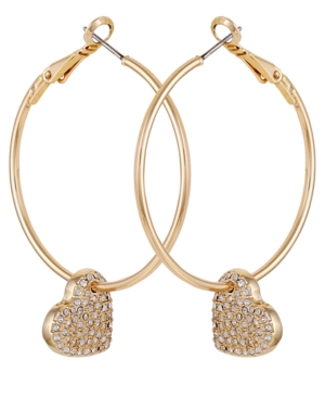 image of Guess Gold-Tone Pave Heart Charm Hoop Earrings