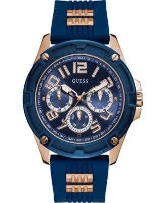 GUESS - Men's Rose Gold-Tone Stainless Steel & Blue Silicone Strap Watch 46mm