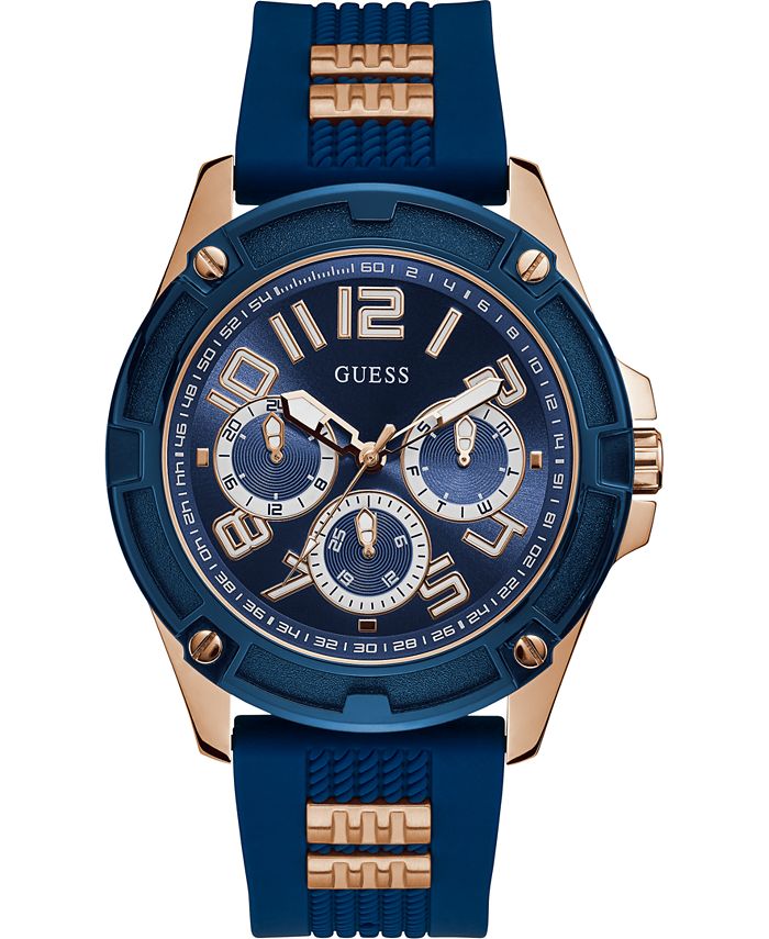 GUESS Men's Rose Gold-Tone Stainless Steel & Blue Silicone Strap Watch ...