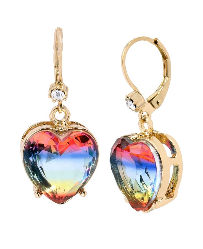 Betsey Johnson Rainbow Heart Stone Drop Earrings in Gold-tone 