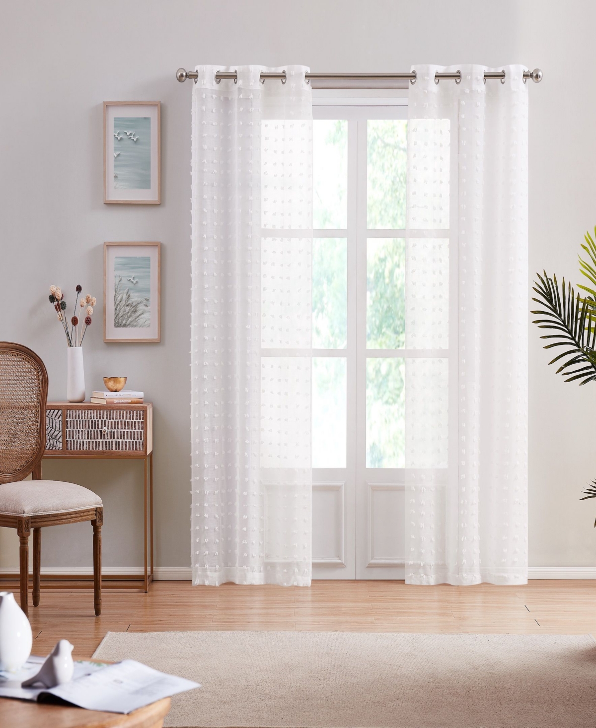 Cut Flower Linen Look 76" x 96" Grommet Panel Window Curtain, Set of 2 - White