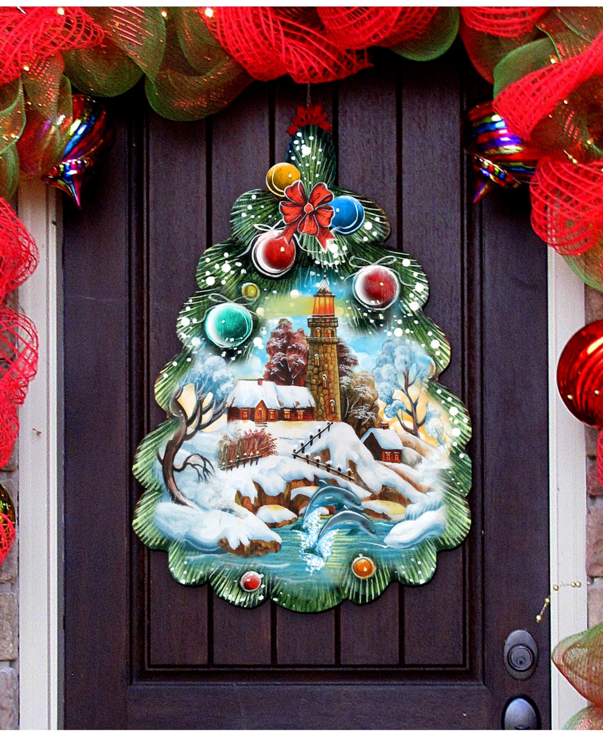Light House Tree Christmas Door Hanger - Multi