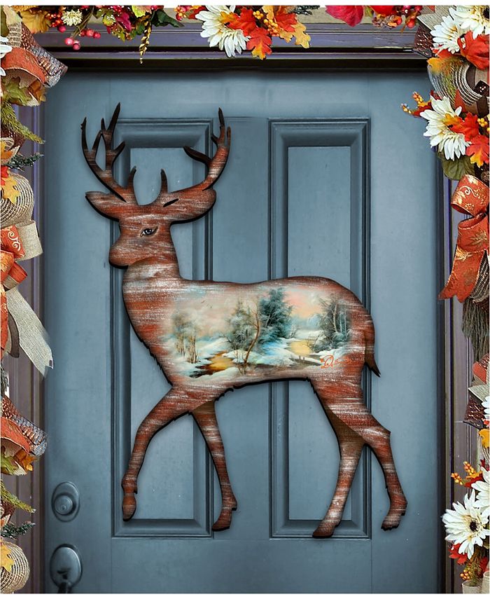 G.DeBrekht Christmas Woodsy Deer scenic Wooden Decorative Door Hanger