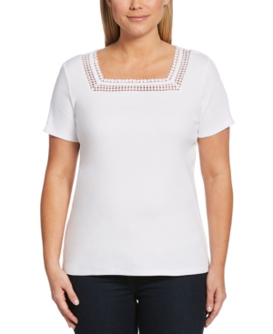 Rafaella Womens Solid Square Neck Short Sleeve Shirt with Round Lace Trim