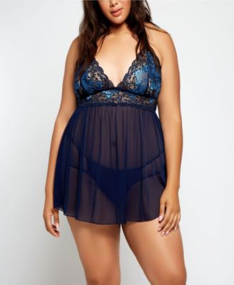 Natalia Plus Size Lace and Mesh Babydoll Lingerie Set, 2 Piece