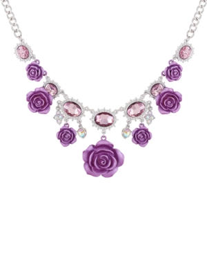 image of Guess Silver-Tone Crystal & Rose Statement Necklace, 18