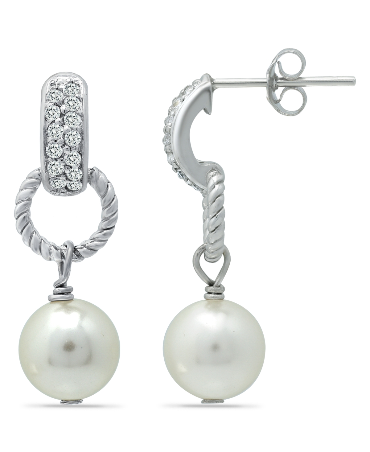 Imitation Pearl Pave Cubic Zirconia Doorknocker Drop Earrings Crafted Plate - Silver