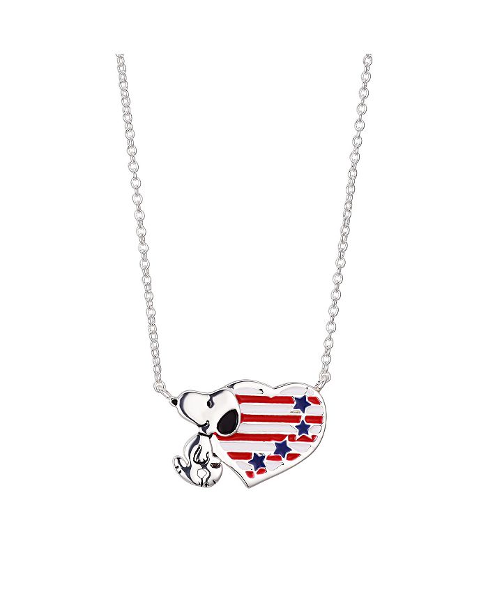 Peanuts - Fine Silver Plated  "Snoopy" Americana Heart Pendant Necklace, 16"+2" for