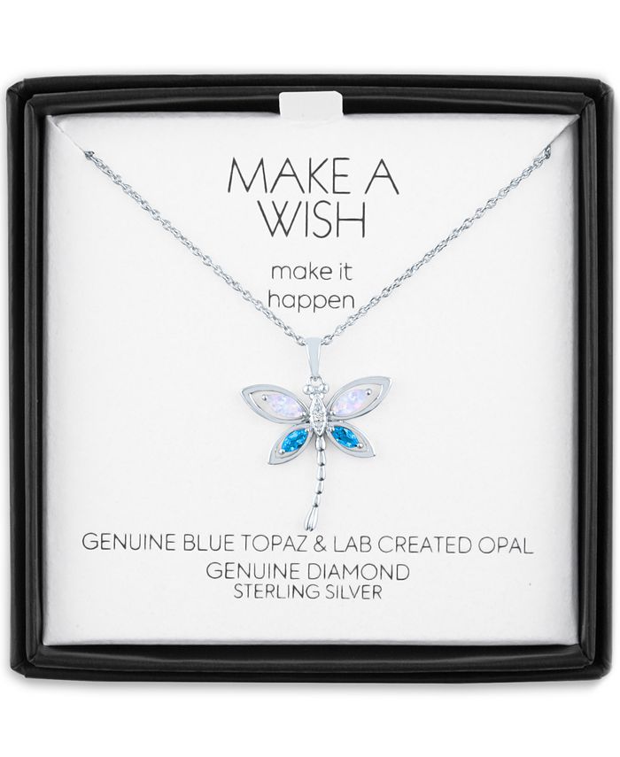 Macy's - Lab-Created Opal (1/8 ct.t.w.), Blue Topaz (1/10 ct. t.w.) & Diamond Accent Dragonfly Pendant Necklace in Sterling Silver, !6" + 2" extender