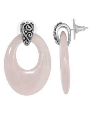 image of 2028 Pewter Semi Precious Oval Rose Quarts Hoop Earrings