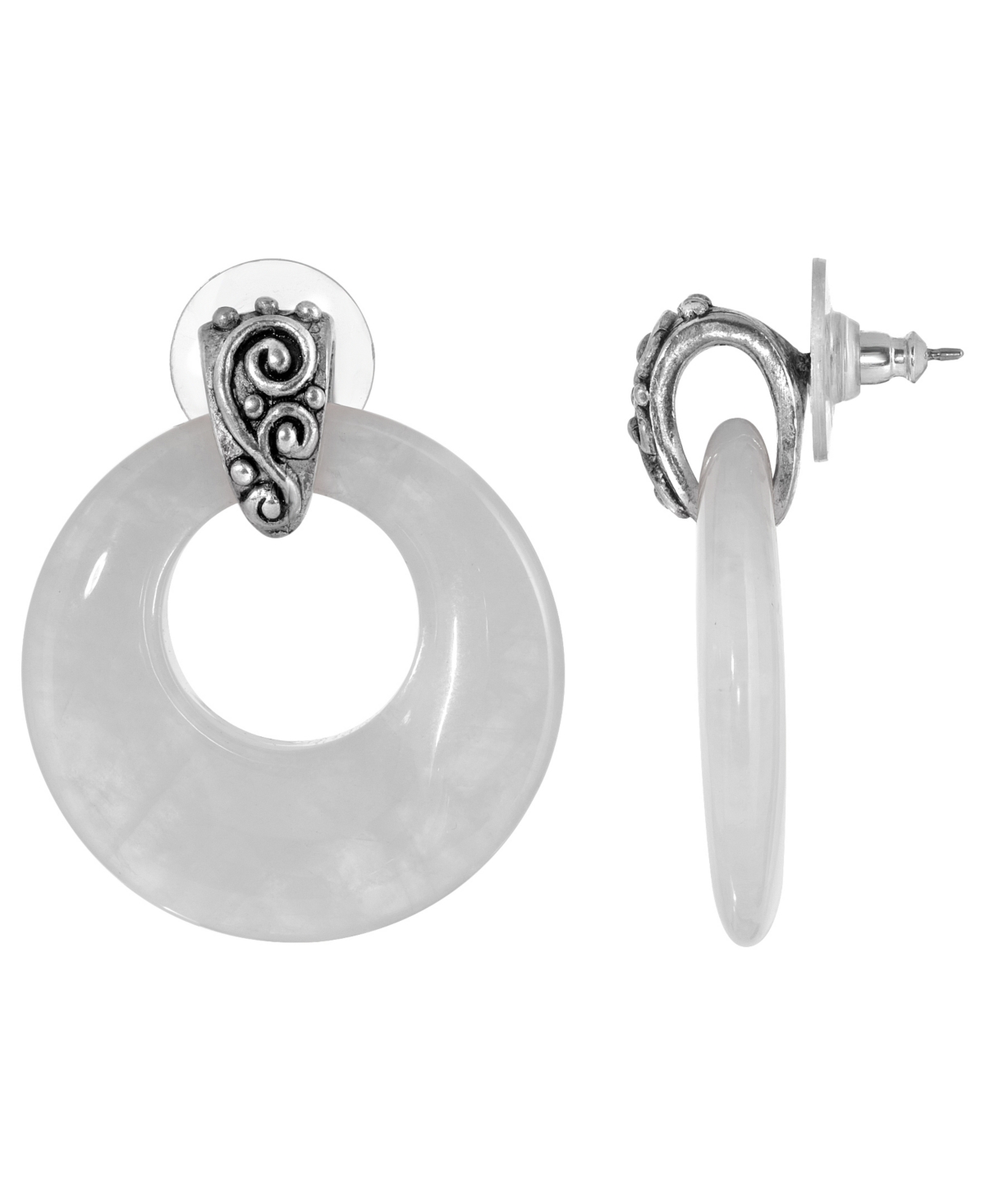 2028 Pewter Semi Precious Round Quartz Hoop Earrings In White