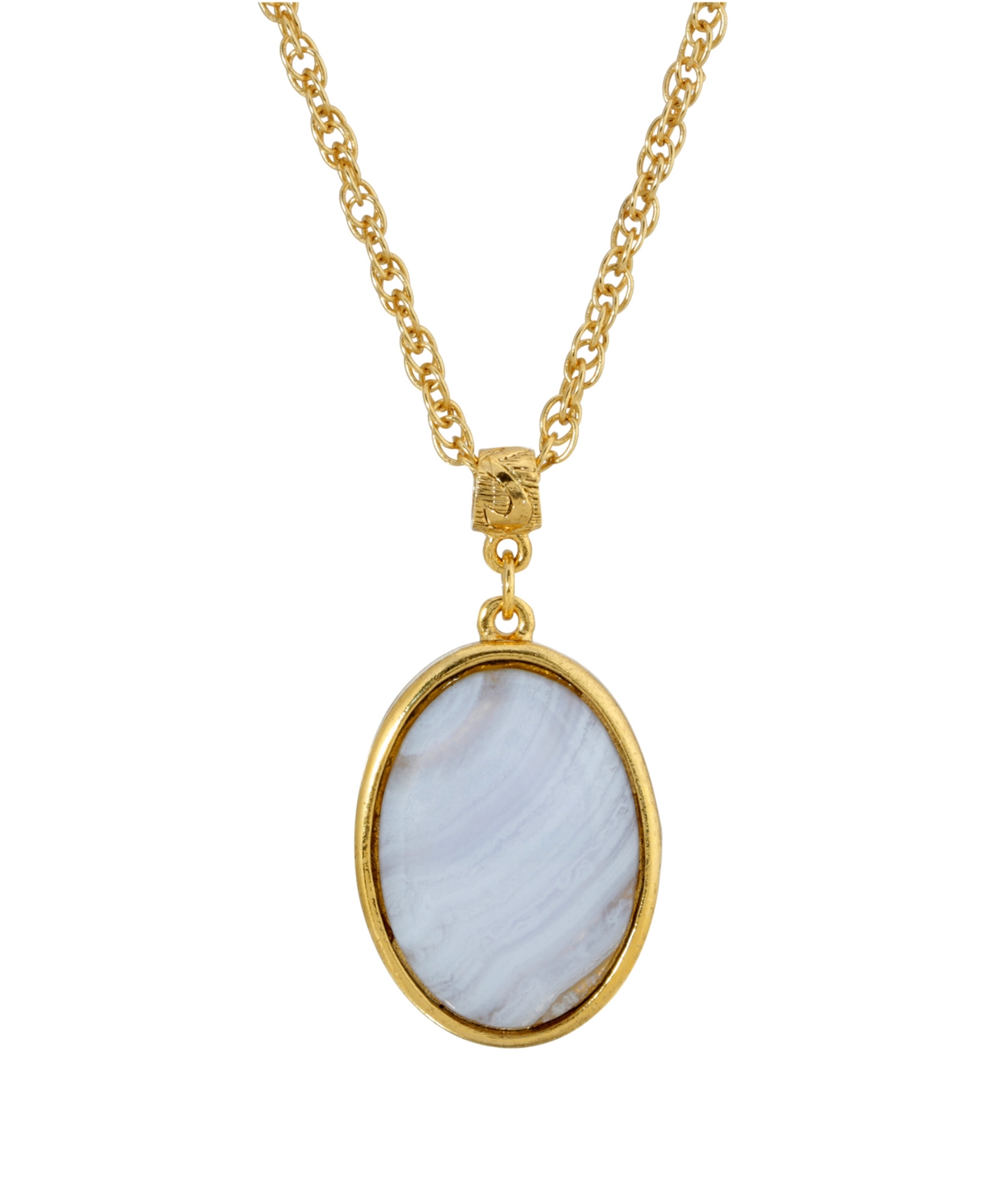 2028 14k Gold Plated Semi Precious Lace Agate Oval Pendant Necklace In Blue