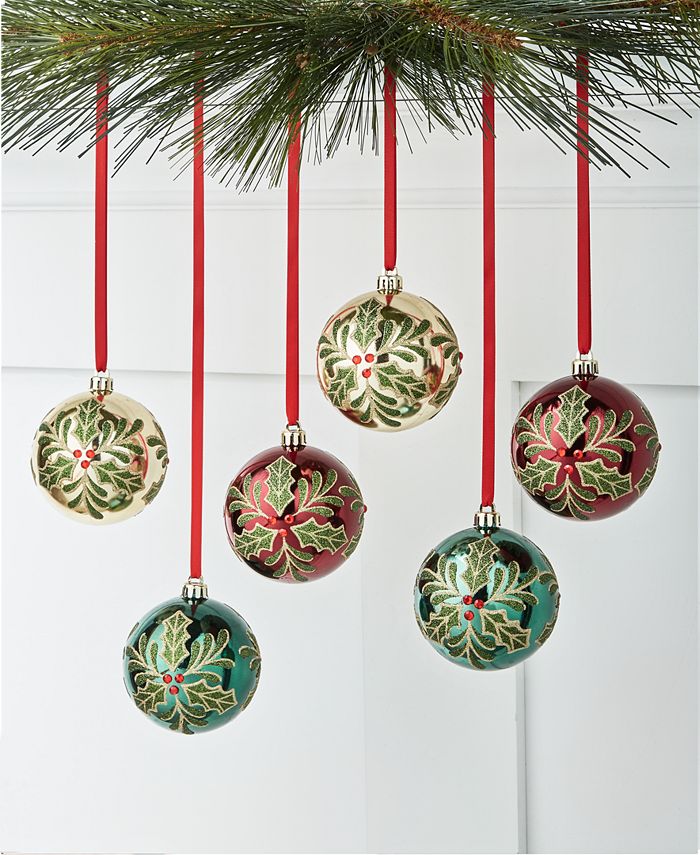 Holiday Lane Evergreen Set of 6 Shatterproof Red, Gold and Green Holly ...