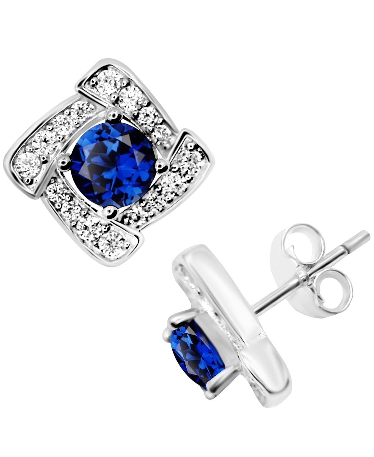 Blue Glass & Cubic Zirconia Square Halo Stud Earrings in Silver-Plate - Blue