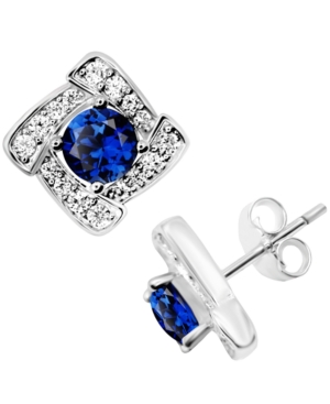 image of Blue Glass & Cubic Zirconia Square Halo Stud Earrings in Fine Silver-Plate