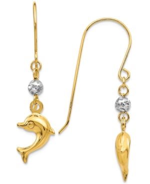 image of Dolphin Fish Hook Earrings in 14K Yellow and White Gold