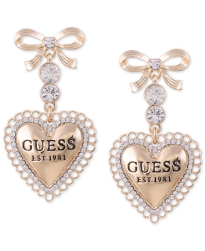 image of Guess Gold-Tone Crystal Bow & Logo Heart Drop Earrings