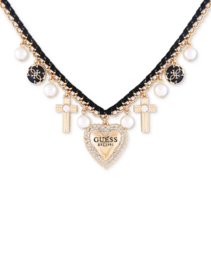 image of Guess Gold-Tone Crystal & Imitation Pearl Multi-Charm Velvet Wrapped Statement Necklace, 16