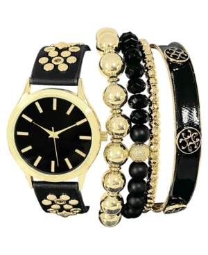 image of Inc Women-s Gold-Tone Studded Black Faux Leather Strap Watch 38mm & Bracelet Box Set, Created for Macy-s