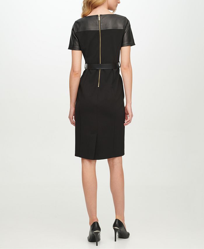Calvin Klein Faux-Leather Belted Sheath Dress - Macy's
