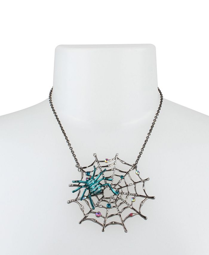 Halloween Black Spider Web Pendant Necklace - Red Rhinestone Spider Statement Necklace