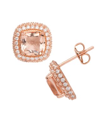 Rose Gold Plated Simulated Morganite Cushion Halo Stud Earrings