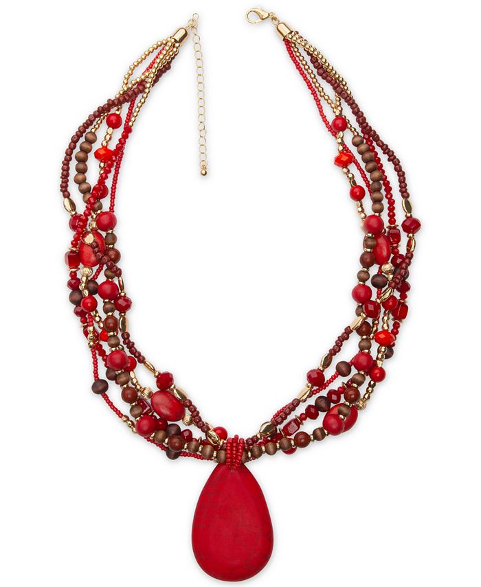 Style Co Gold Tone Stone Red Beaded Multi Row Pendant Necklace