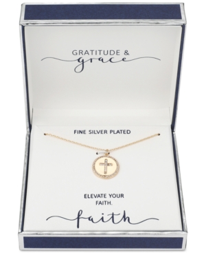 image of Gratitude & Grace Gold Plated Cubic Zirconia Cross Disc Pendant Necklace in Gold-Flash, 16