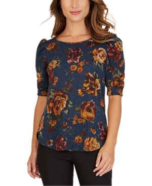 image of Bcx Juniors- Floral-Print Ribbed Puff-Sleeve Top