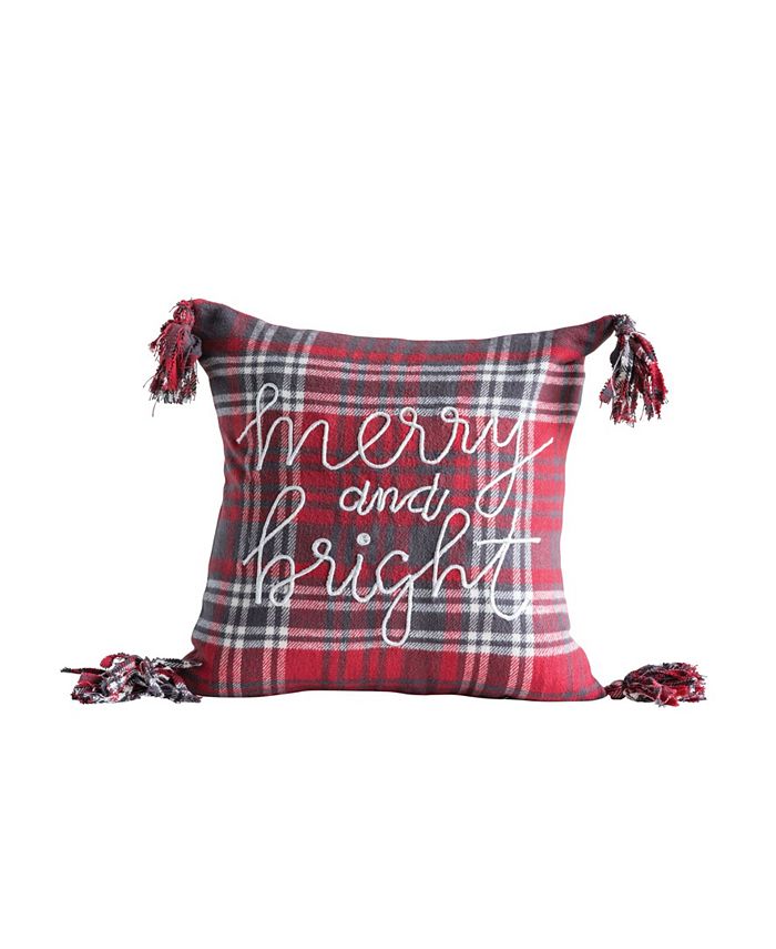 CREATIVE COOP INC 18" Square Cotton Plaid Pillow with Embroidered