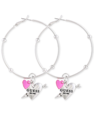 image of Guess Silver-Tone Double Heart Charm Hoop Earrings
