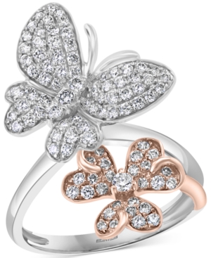 image of Effy Diamond Butterfly & Flower Ring (7/8 ct. t.w.) in 14k Rose & White Gold