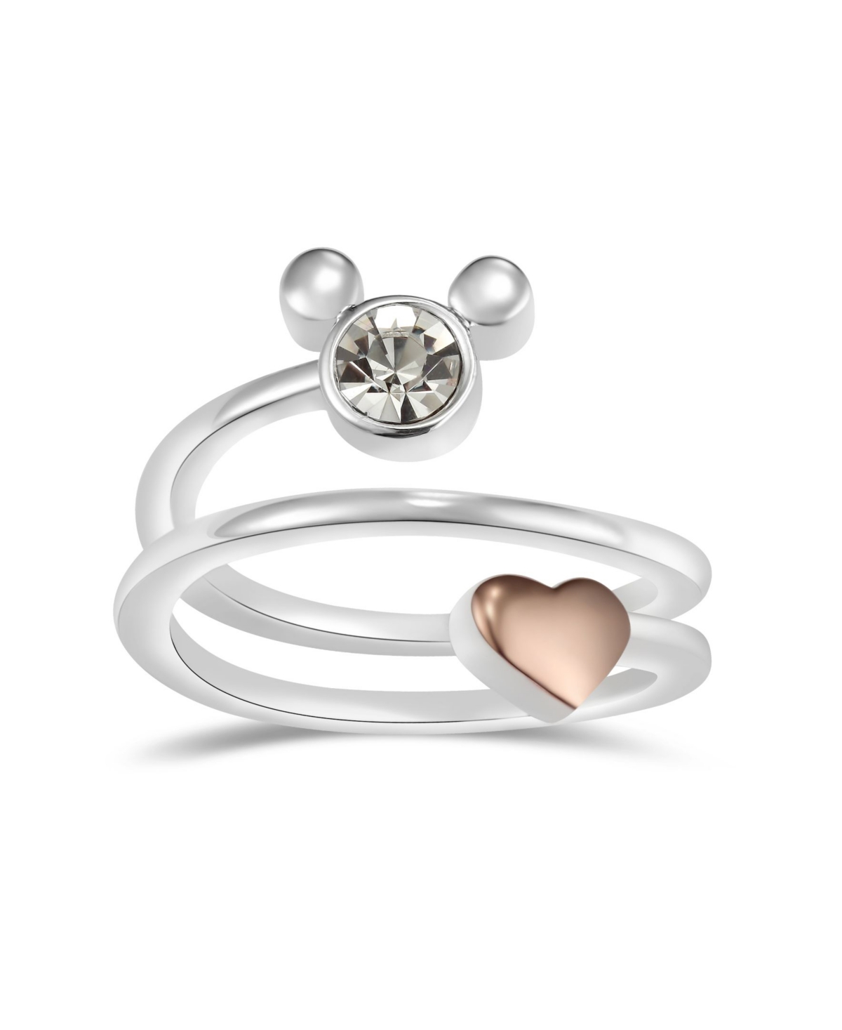 Crystal Mickey Mouse Head with Heart Bypass Ring - Two-Tone Rose Gold Plated