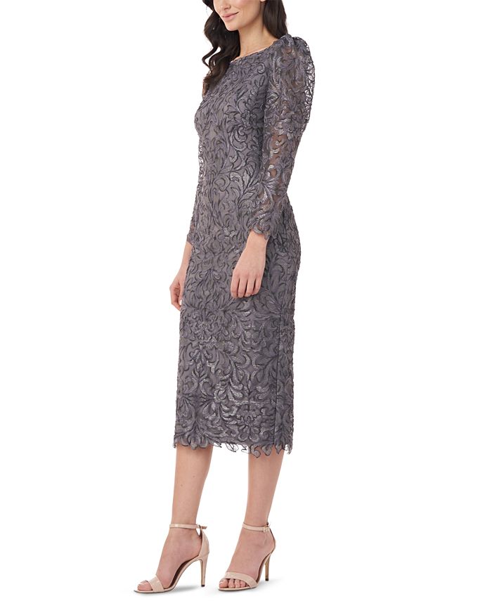 JS Collections Puff-Sleeve Lace Midi Dress - Macy's