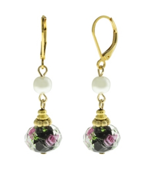 image of 2028 Gold-Tone Imitation Pearl and Black Floral Drop Bead Earrings