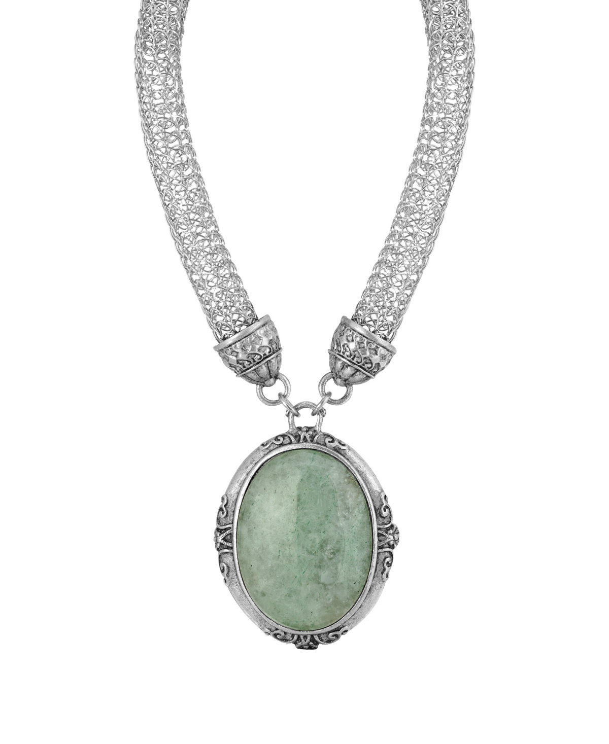 2028 Silver-tone Mesh Tube Chain With Oval Green Pendant 18" Necklace