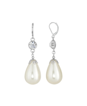 image of 2028 Silver-Tone Crystal Large Imitation Pearl Pear Shape Drop Earring