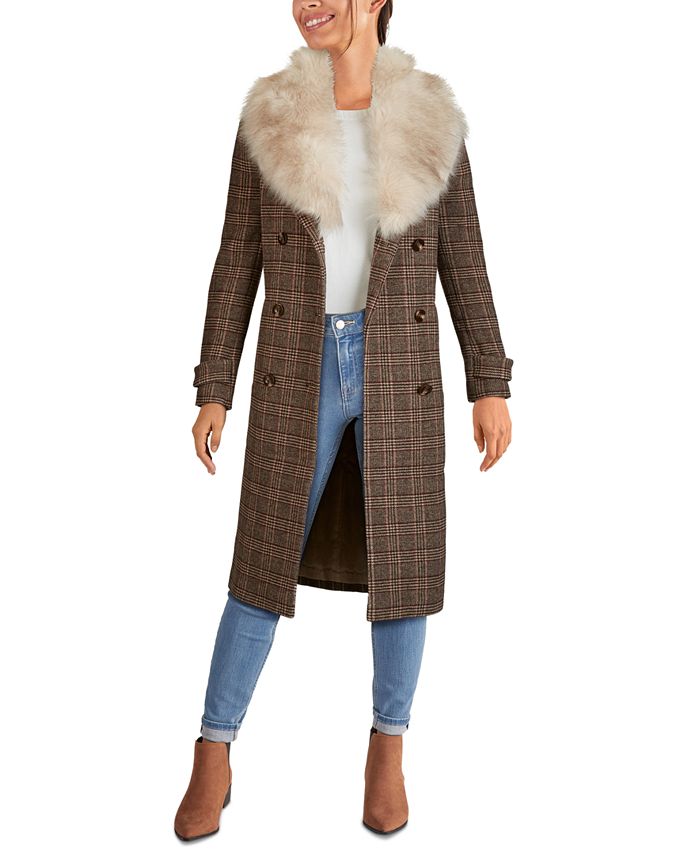 Kenneth Cole - Plaid Double-Breasted Faux-Fur-Collar Coat