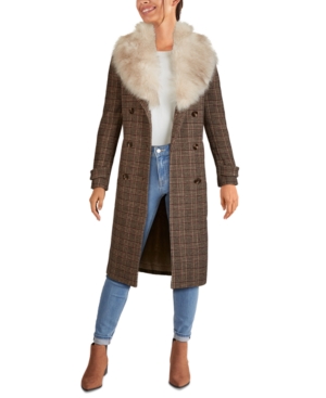Kenneth Cole PLAID DOUBLE-BREASTED FAUX-FUR-COLLAR WALKER COAT