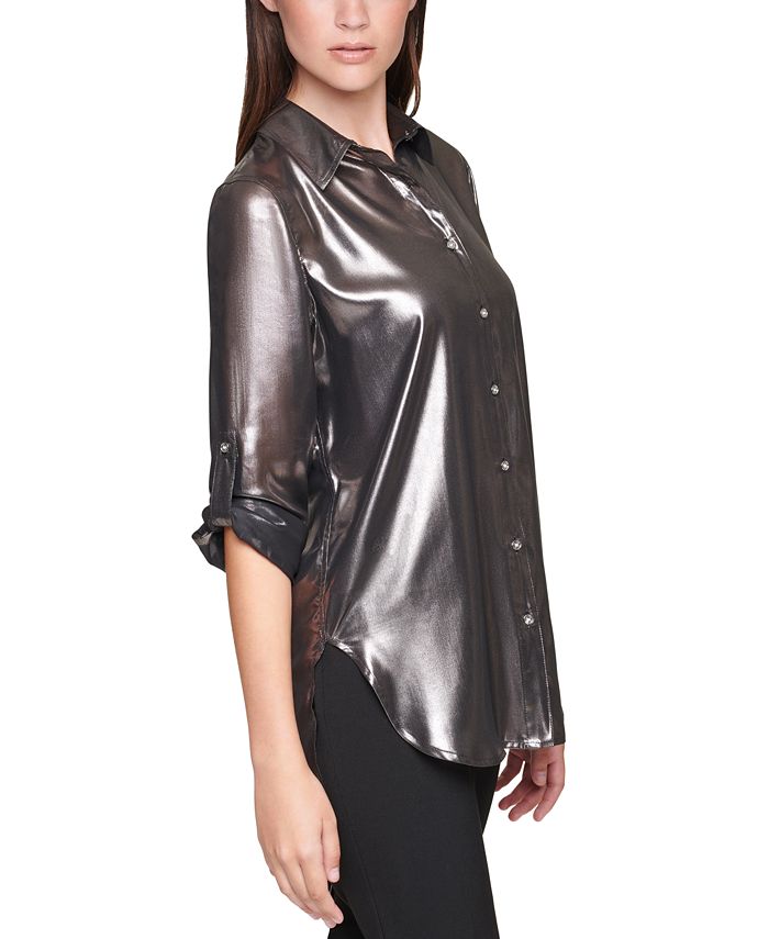 Calvin Klein Metallic Tab-Sleeve Shirt - Macy's
