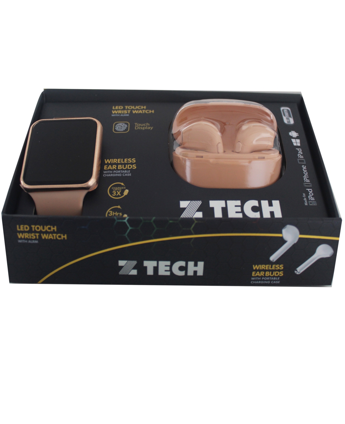 Ztech Unisex Led Touch Watch and Wireless Headphones with Portable Charging Case Set -rose Gold Watch Case/b