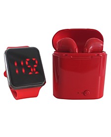 Unisex LED Touch Watch and Wireless Headphones with Portable Charging Case Set
