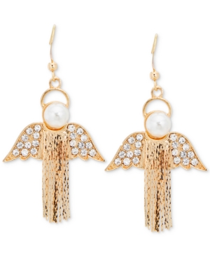 image of Holiday Lane Gold-Tone Pave & Imitation Pearl Chain-Fringe Angel Drop Earrings, Created for Macy-s