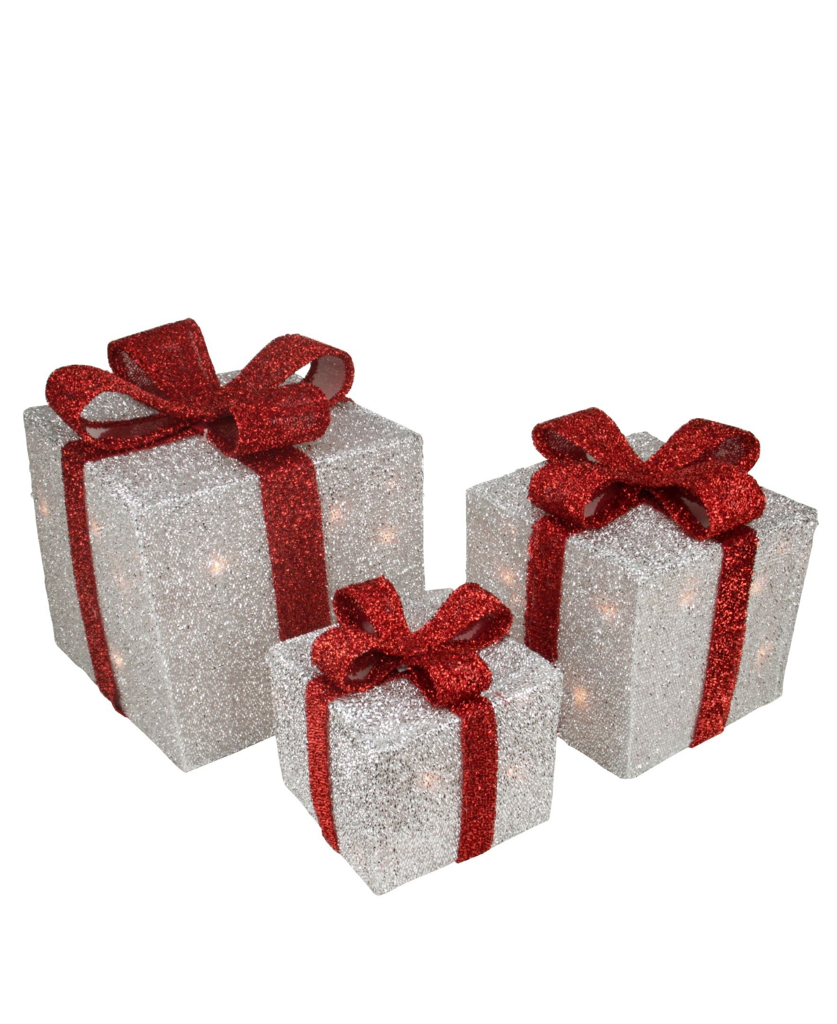Tinsel Lighted Gi Boxes with Red Bows Outdoor Christmas Decorations - Silver