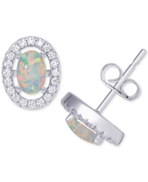 image of Simulated Opal & Cubic Zirconia Oval Stud Earrings in Sterling Silver