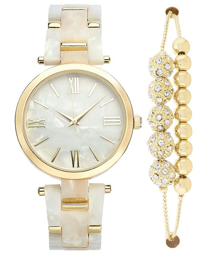 Inc International Concepts I.n.c. Women's Gold-Tone Mother-of-Pearl Watch 38mm & Slider Bracelet Set, Size: One size, White