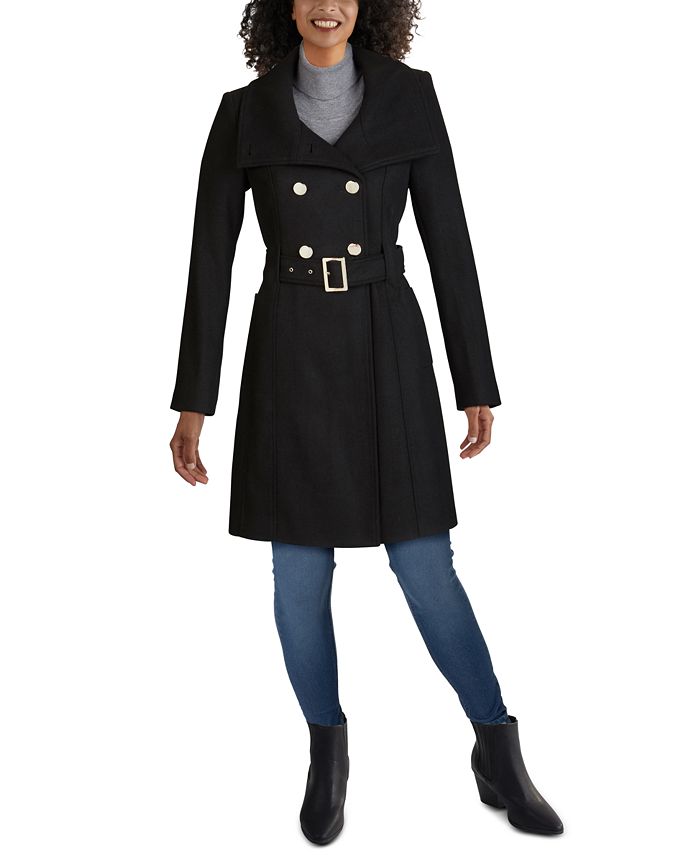 guess double breasted belted wool blend coat
