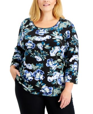 Karen Scott Plus Size Floral-Print 3/4-Sleeve Top, Created for Macy's ...