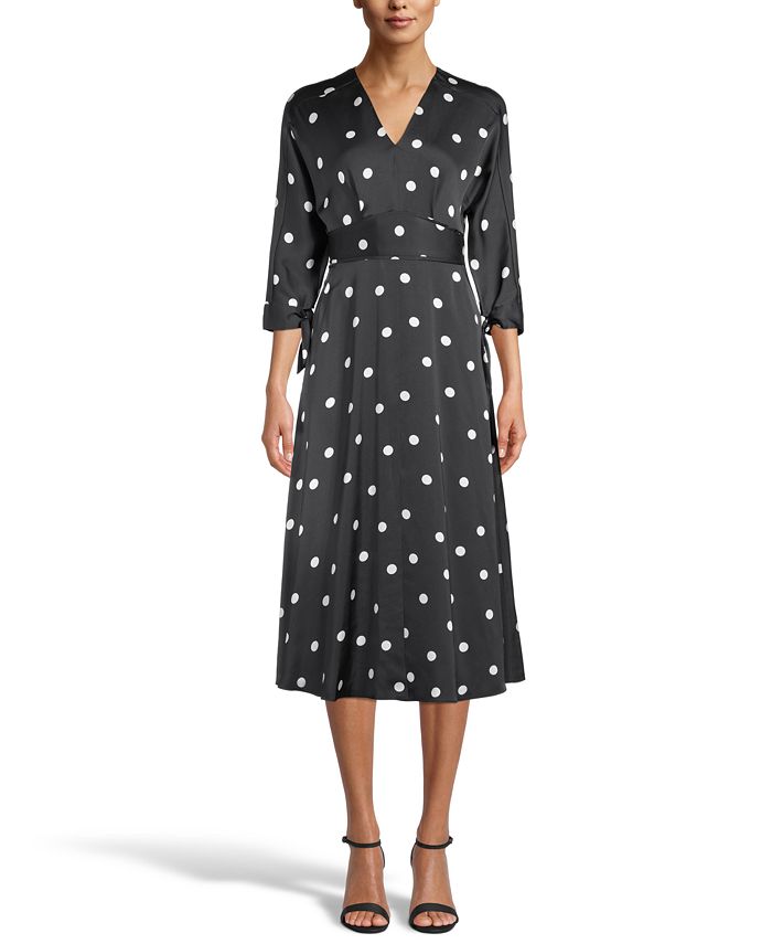 Anne Klein Polka-Dot Tie-Sleeve Midi Dress - Macy's
